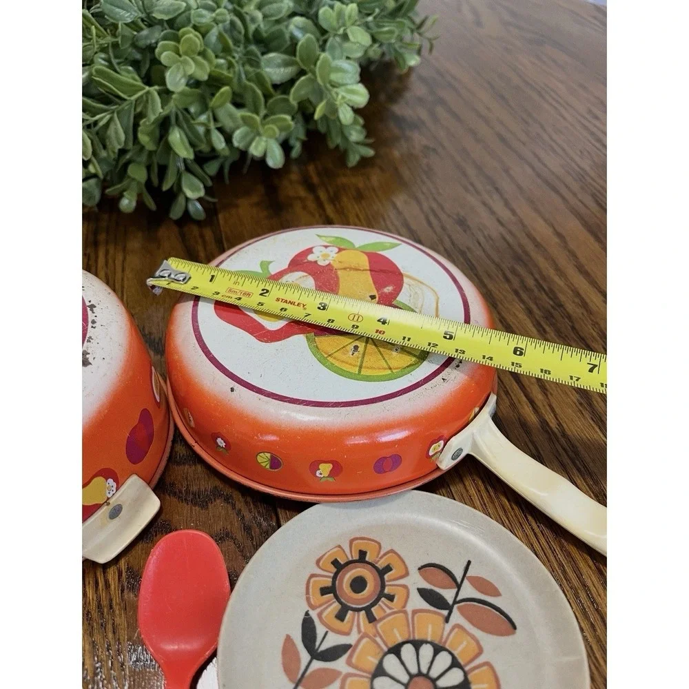Enamel Tin Pots Pans Plates Pitcher Kitchen Pretend Play 1970s Vintage‎ Orange